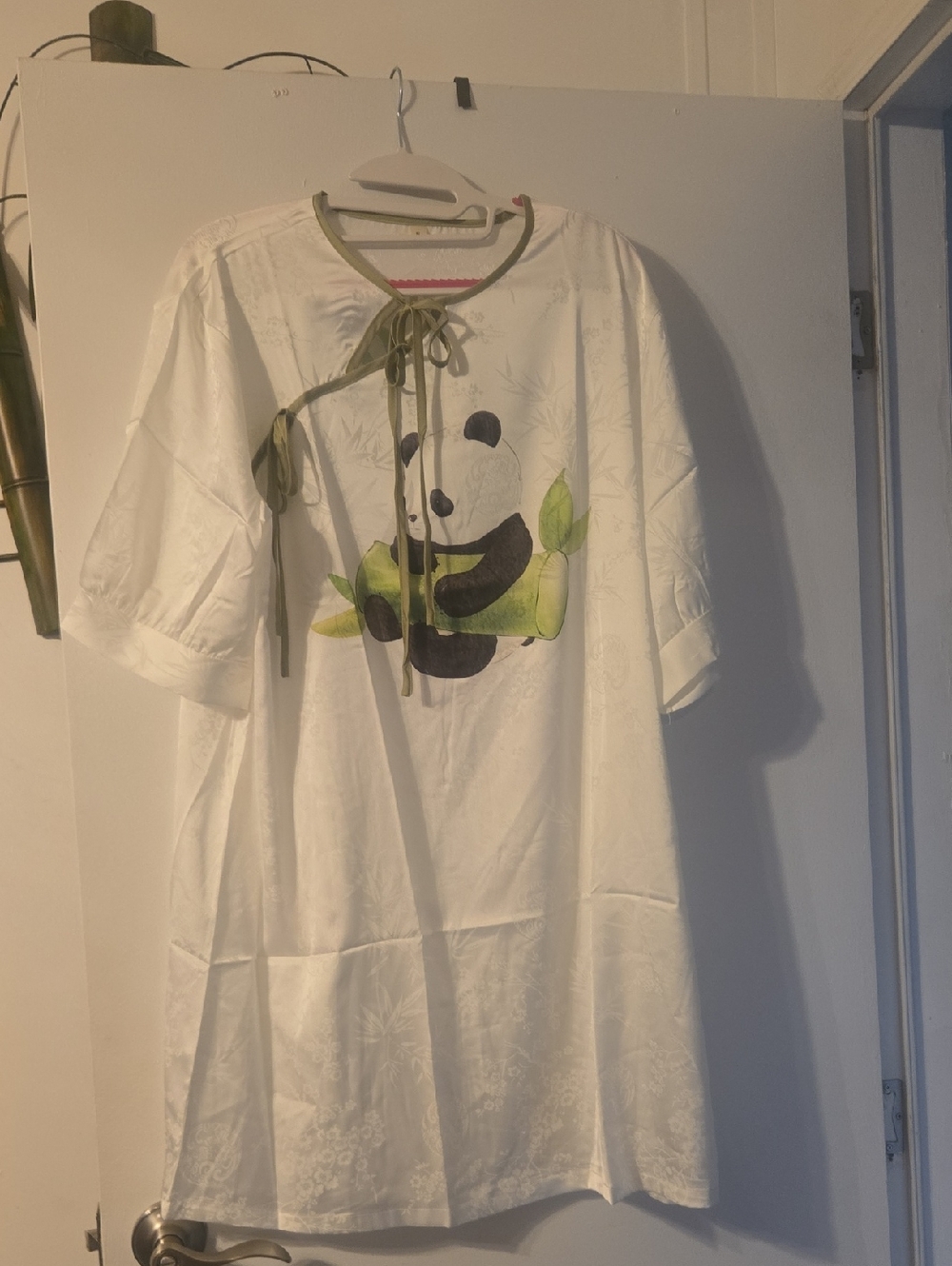 5 White PJs with Panda & Green Bamboo Tie Detail Each Piece Different